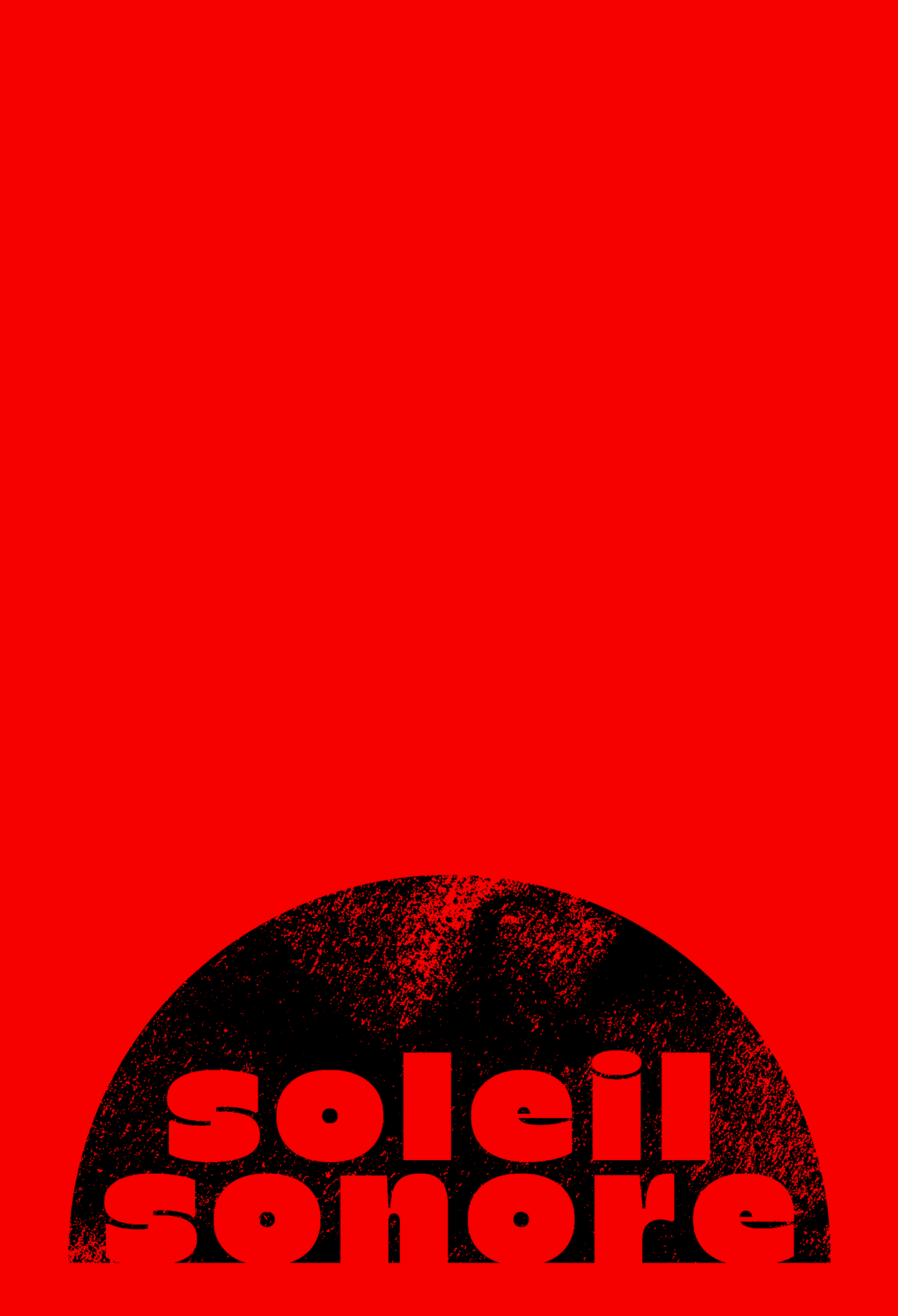 Affiche Soleil sonore : un demi-soleil noir tramé sur fond rouge