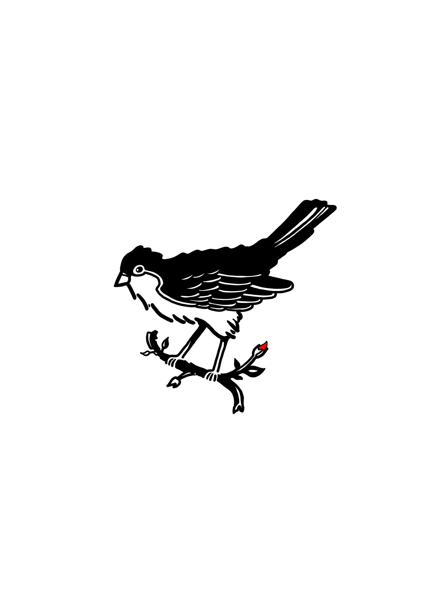 Dessin à l'encre d'un passereau posé sur une branche fleurie