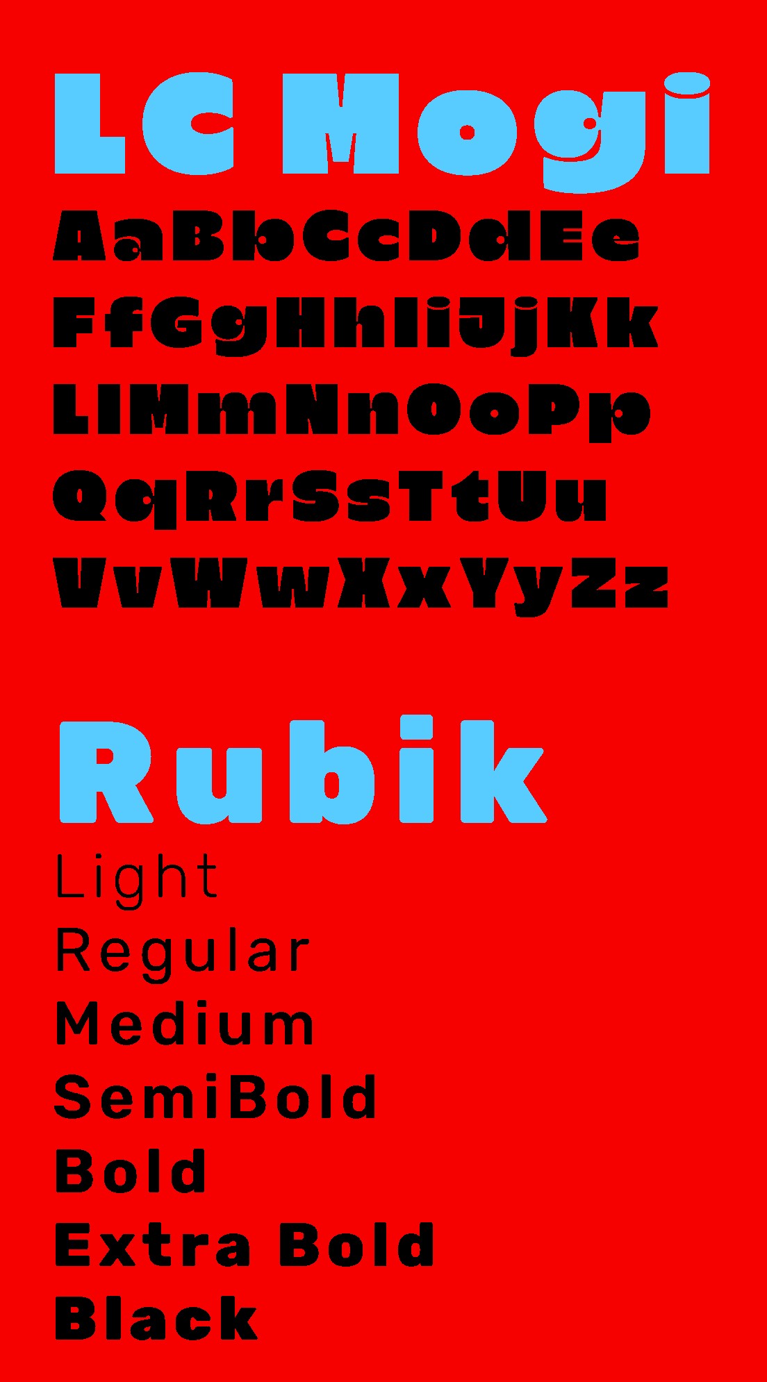 Les typographies LC Mogi et Rubik présentées sur fond rouge