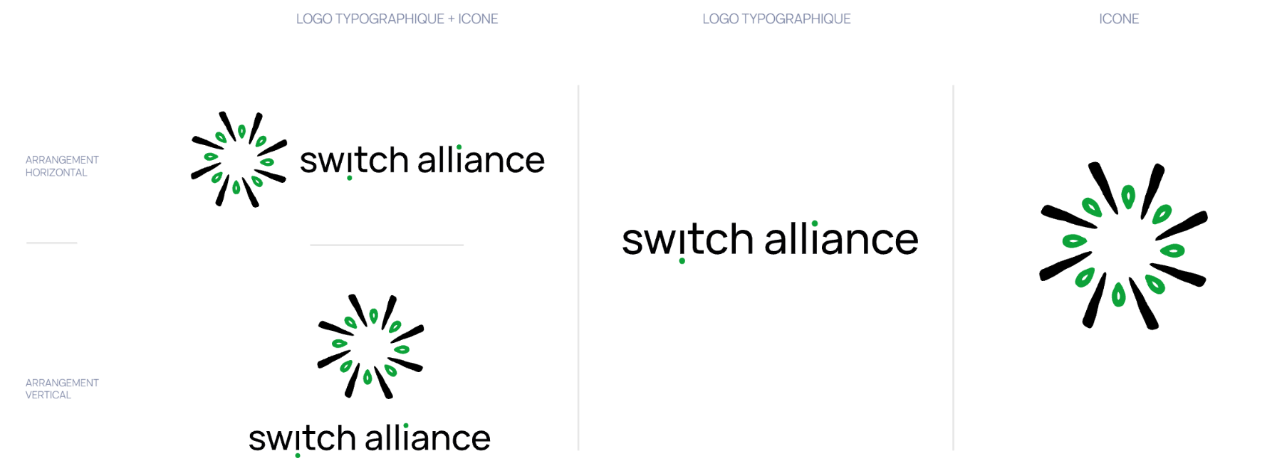 Déclinaisons du logo : horizontal, vertical, logotype seul et icône